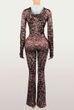 Women's Fashion Printed Casual Leopard Print Zipper Jacket and Pants Set