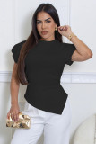 Women's Solid Color Round Neck Peplum Sleeves Asymmetrical Hem Blouse