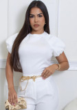 Women's Solid Color Round Neck Peplum Sleeves Asymmetrical Hem Blouse