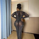 Women's See-Through Tight Fitting Long-sleeve Round Neck Beaded Mesh Dress