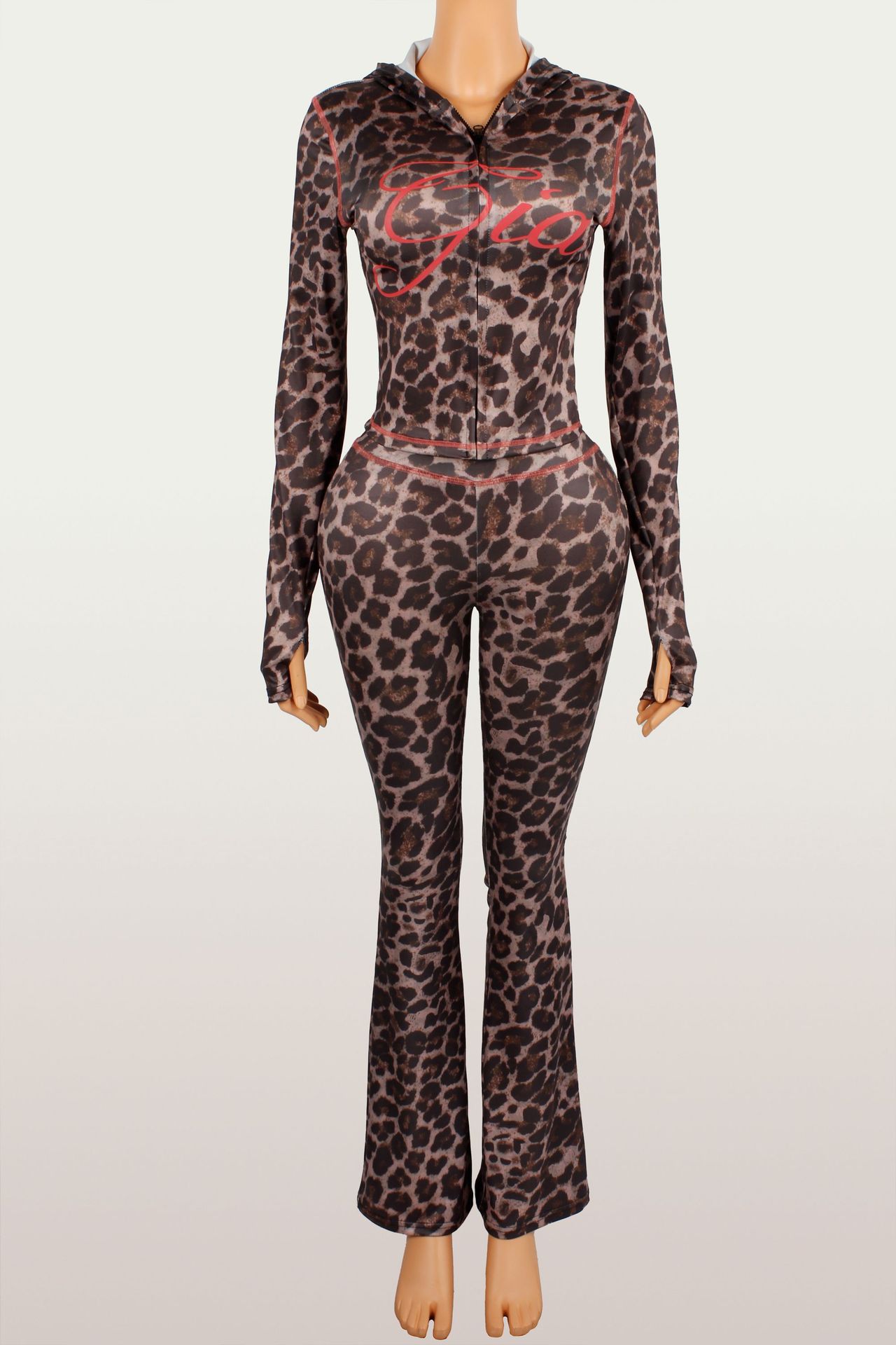 Women's Fashion Printed Casual Leopard Print Zipper Jacket and Pants Set