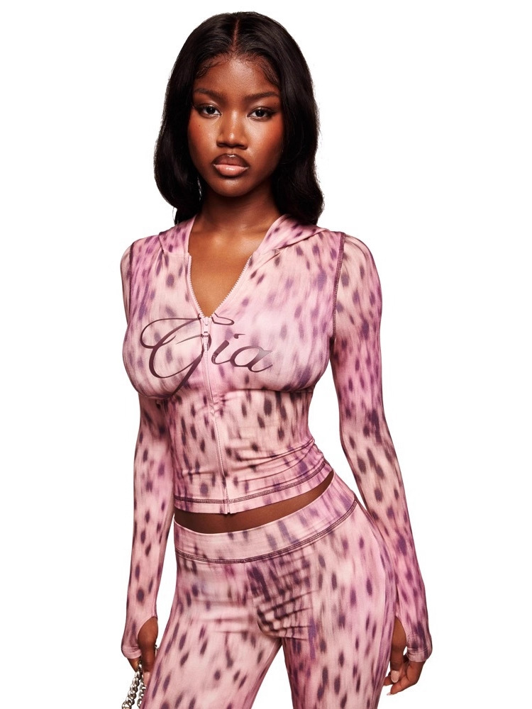 Women's Fashion Printed Casual Leopard Print Zipper Jacket and Pants Set