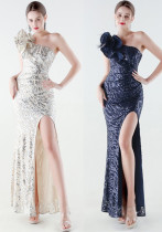 Women's One-shoulder Sequin Mermaid High Slit Evening Gown