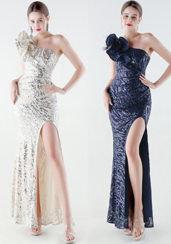 Women's One-shoulder Sequin Mermaid High Slit Evening Gown