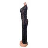 Women's See-Through Tight Fitting Long-sleeve Round Neck Beaded Mesh Dress
