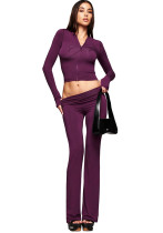 Women's Fashion Solid Color Sexy Zipper V-neck Long-sleeve Two-piece Pants Set