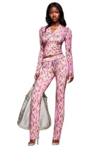 Women's Fashion Printed Casual Leopard Print Zipper Jacket and Pants Set