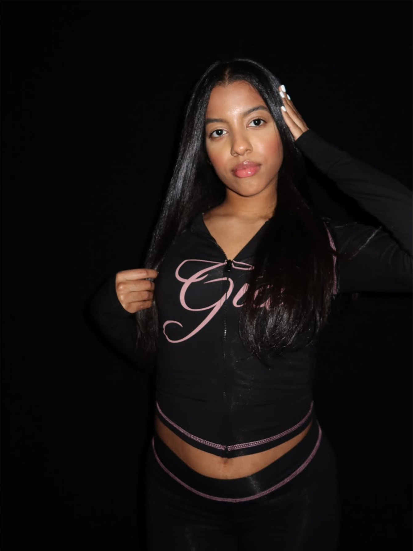 Women's Fashion Solid Color Sexy Zipper V-neck Long-sleeve Two-piece Pants Set