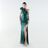 Women's One-shoulder Sequin Mermaid High Slit Evening Gown