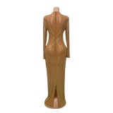 Women's See-Through Tight Fitting Long-sleeve Round Neck Beaded Mesh Dress