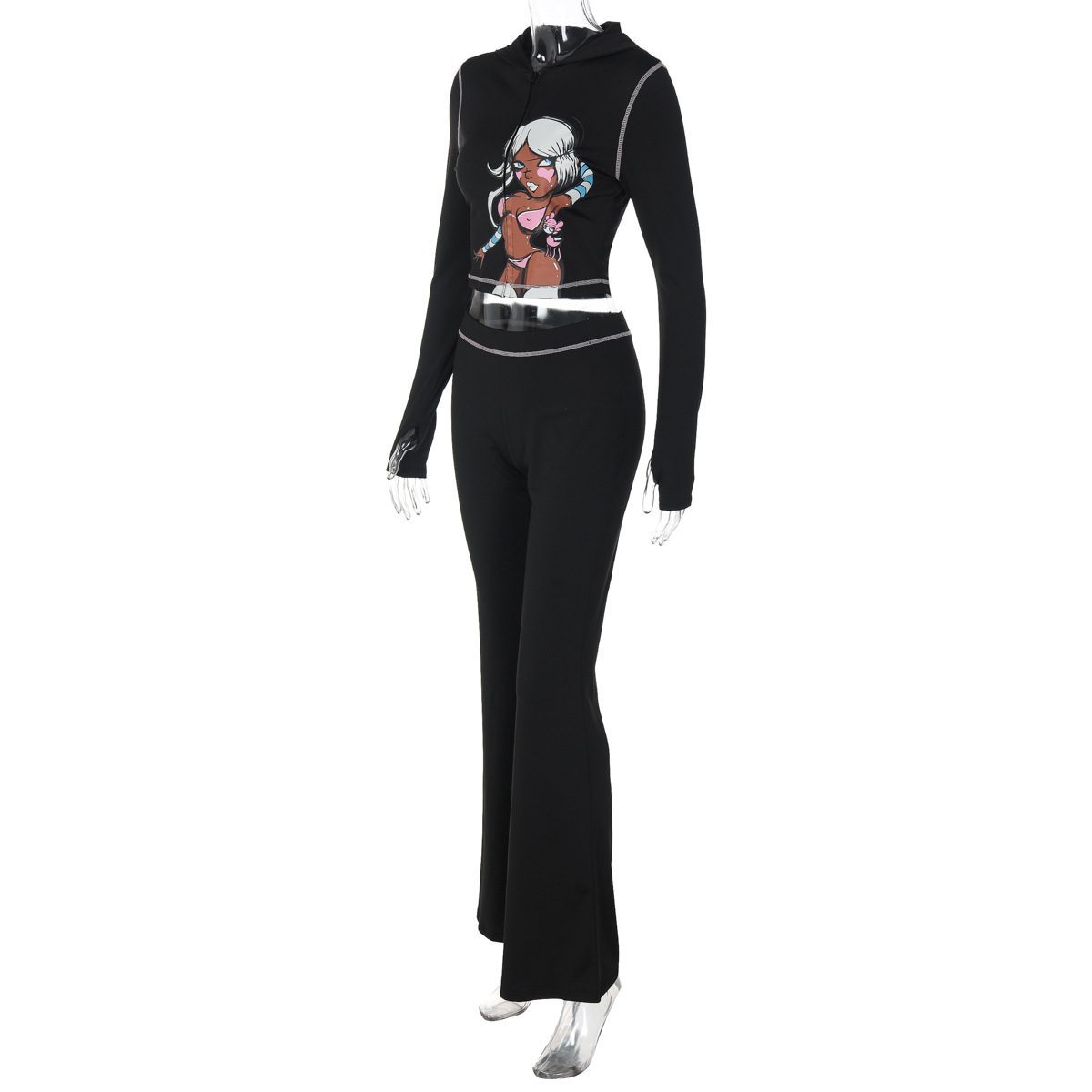 Women's Fashion Cartoon Printed Casual Sporty Hooded Long-sleeve Pants Set