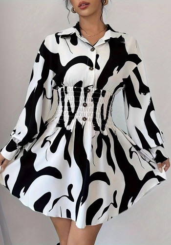 Women's Career-style Turndown-collar Long-sleeve Elastic Waist A-line Dress