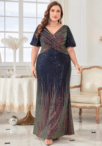 Women's Plus Size V-neck Formal Party Long Sequin Evening Dress