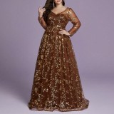 Women's Plus Size Cocktail Party V-neck Long-sleeve A-line Evening Dress