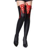Women's Plus Size Black Stretch Patent Leather Lace-up Gothic Y2K Straight Leg Socks