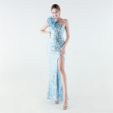 Women's One-shoulder Sequin Mermaid High Slit Evening Gown