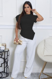 Women's Solid Color Round Neck Peplum Sleeves Asymmetrical Hem Blouse