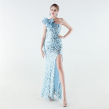 Women's One-shoulder Sequin Mermaid High Slit Evening Gown