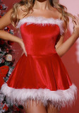Women's Christmas Velvet Strapless Fluffy Dress Girl Cosplay Set (3-piece)