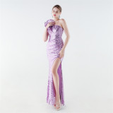 Women's One-shoulder Sequin Mermaid High Slit Evening Gown