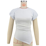 Women's Solid Color Round Neck Peplum Sleeves Asymmetrical Hem Blouse