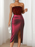 Women's Autumn Winter Chic Strapless Sequin Solid Slit Evening Gown