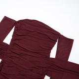 Women Elegant Solid Off-Shoulder Long-Sleeved Ribbon Mesh Patchwork Dress