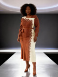 Plus Size Women Pleated Patchwork Color Block Lace Round Neck Maxi Dress