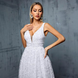 Women White V-Neck Formal Party Evening Dress
