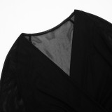 Women Winter Elegant Long-Sleeved V-Neck Mesh Mini Bodycon Dress