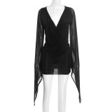 Women Winter Elegant Long-Sleeved V-Neck Mesh Mini Bodycon Dress