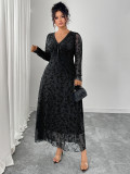 Women Autumn/Winter Formal Party Long-Sleeved Mesh Patchwork V-Neck Tie Maxi Dress