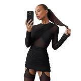 Women Winter See-Through Mesh Patchwork Long-Sleeved Bodycon Dress
