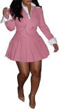 Women Blazer and Patchwork Pleated Skirt Two-Piece Set