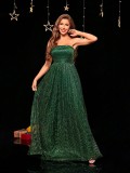 Women Strapless Green Off-Shoulder Dress