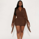 Women Winter Elegant Long-Sleeved V-Neck Mesh Mini Bodycon Dress