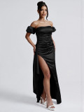 Women sexy pleated slit off-shoulder formal party maxi dress
