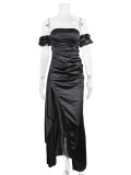 Women sexy pleated slit off-shoulder formal party maxi dress