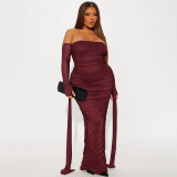 Women Elegant Solid Off-Shoulder Long-Sleeved Ribbon Mesh Patchwork Dress
