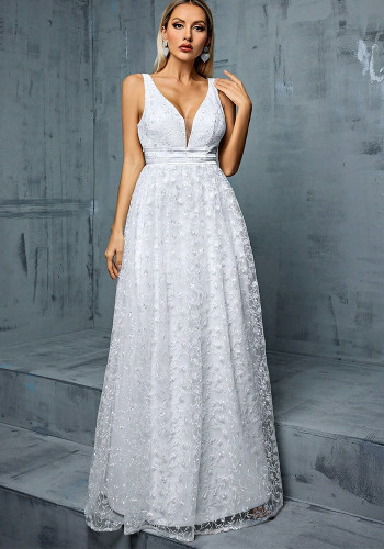 Women White V-Neck Formal Party Evening Dress