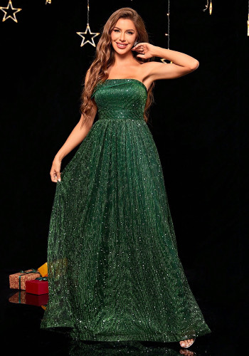 Women Strapless Green Off-Shoulder Dress