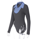 Women Winter Long-Sleeved Turndown Collar Button Patchwork Bodysuit