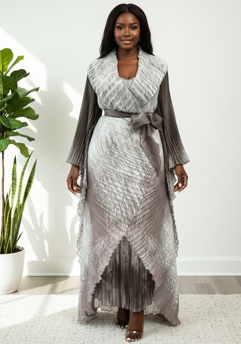 Plus Size Women African Printed Pleated Formal Party Top and Skirt Two-Piece Set