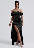 Women sexy pleated slit off-shoulder formal party maxi dress