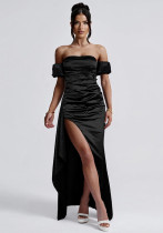 Women sexy pleated slit off-shoulder formal party maxi dress