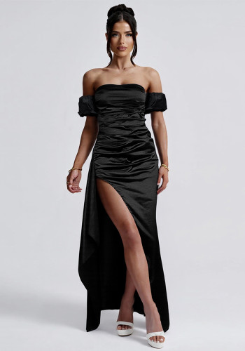 Women sexy pleated slit off-shoulder formal party maxi dress