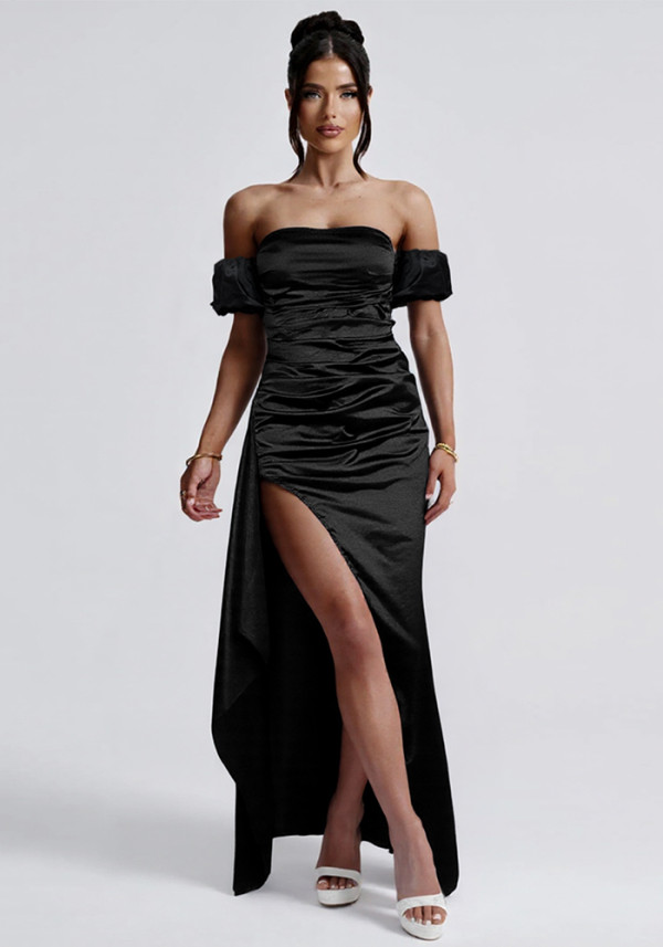 Women sexy pleated slit off-shoulder formal party maxi dress