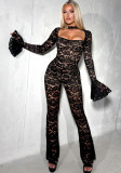 Women Autumn/Winter Sexy Open Bell Bottom Sleeve Lace Jumpsuit
