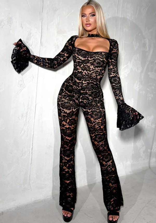 Women Autumn/Winter Sexy Open Bell Bottom Sleeve Lace Jumpsuit