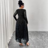 Women Autumn/Winter Formal Party Long-Sleeved Mesh Patchwork V-Neck Tie Maxi Dress
